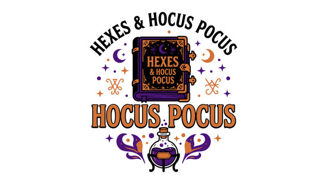 Hocus Pocus Enchantment: A mystical book titled Hexes & Hocus Pocus sits at the center, surrounded by celestial moons, stars, and magical symbols, with a bubbling potion bottle below.