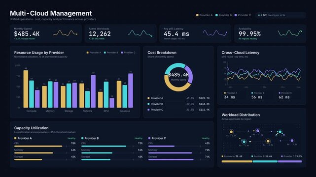 Multi cloud management dashboard displaying real time analytics and