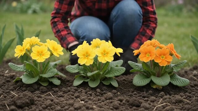 Gardener planting yellow and orange primrose flowers in soil
