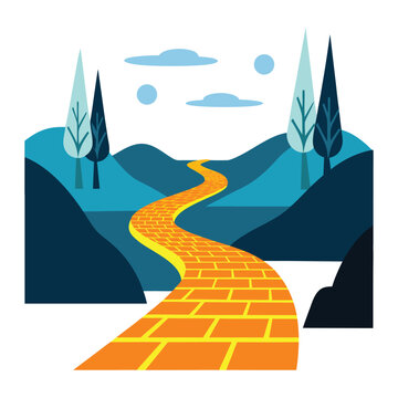 A vibrant yellow brick road stretches into the distance, creating a charming pathway filled with adventure, fantasy, and wonder through a colorful scenic landscape.
