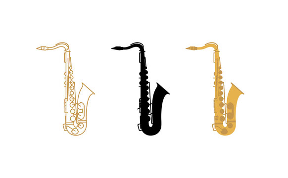 Minimalist saxophone vectors featuring outline black and gold instrument icons