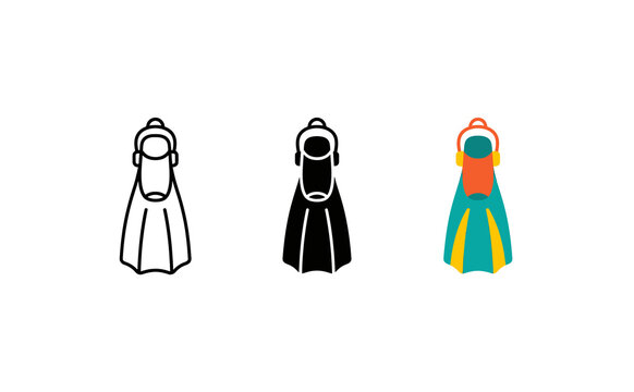 Minimalist swim fins icon set featuring outline silhouette and colorful flat vector designs