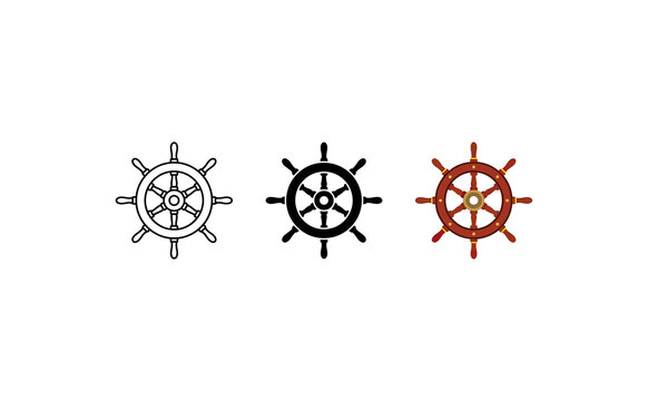 Minimalist ship steering wheel vector icons in outline solid and colorful styles