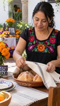 Woman preparing bread at a decorated table surrounded by marigolds, floral clothing, candles, and framed remembrance portrait for Day of the Dead celebration