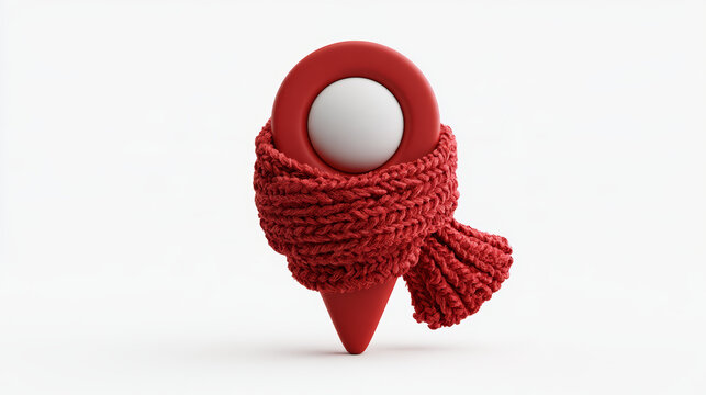 Cute 3D Dynamic Location Pin Wrapped in Red Knitted Winter Scarf, Holiday Destination Tracker Travel Icon Isolated on White Background