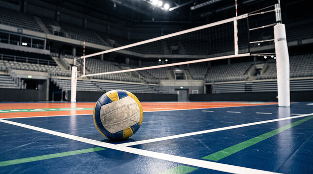 volleyball ball lying on blue green court surface in front of net in empty indoor sports hall