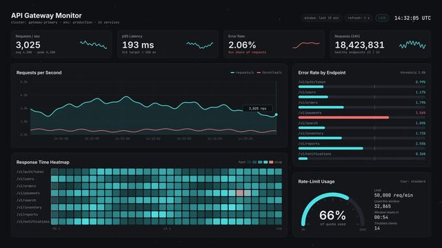 Cloud API gateway monitoring dashboard displaying real time server