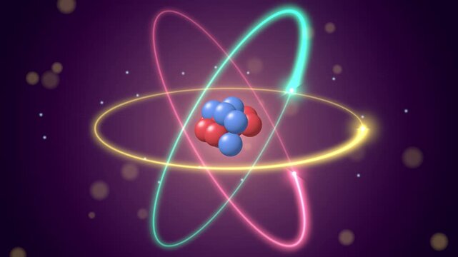 Atom model seamless loop electron orbits nucleus protons neutrons physics gold cyan pink glowing rings circle the core on deep purple for science education physics lessons and tech intros
