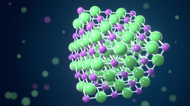 Sodium chloride crystal lattice seamless loop NaCl salt ions cubic structure green and purple spheres form a rotating cube on dark blue for chemistry lessons materials science and tech intros
