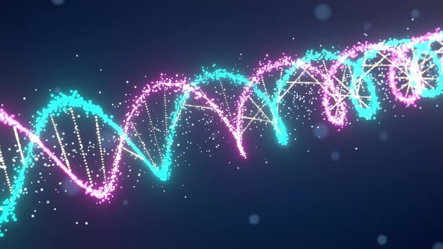 DNA particles helix seamless loop glowing strands cyan pink sparkling genetics flowing double spiral made of tiny lights on dark blue for biotech promos genetics research and tech intros