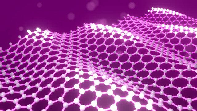 Graphene lattice wave seamless loop magenta hexagonal carbon atoms nanotechnology glowing pink bonds ripple across a molecular sheet for tech intros materials science and research promos