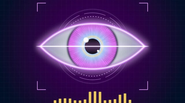 Iris biometric scan seamless loop eye recognition security authentication violet glowing eye with scanner line and HUD bars on dark purple for cybersecurity promos tech intros and identity apps
