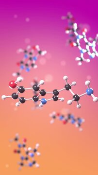 Serotonin molecule seamless loop ball and stick model caffeine chemistry vertical rotating atoms carbon hydrogen oxygen nitrogen on a pink orange gradient for chemistry lessons and mobile stories