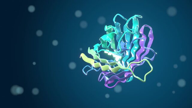 Green fluorescent protein seamless loop GFP ribbon model beta barrel molecular structure rotating blue cyan and violet strands over dark ocean bokeh for biotech research and science lessons
