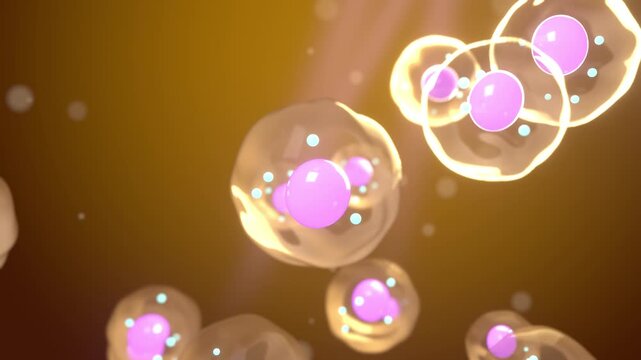 Stem cells floating seamless loop translucent cell nucleus regenerative medicine amber glowing cells with pink nuclei drift in warm light rays for biotech promos beauty clinics and science intros