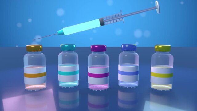 Vaccine vials syringe seamless loop medicine injection immunization pharmacy colorful glass vials stand in a row as a syringe hovers on blue for vaccination campaigns pharma ads and clinics