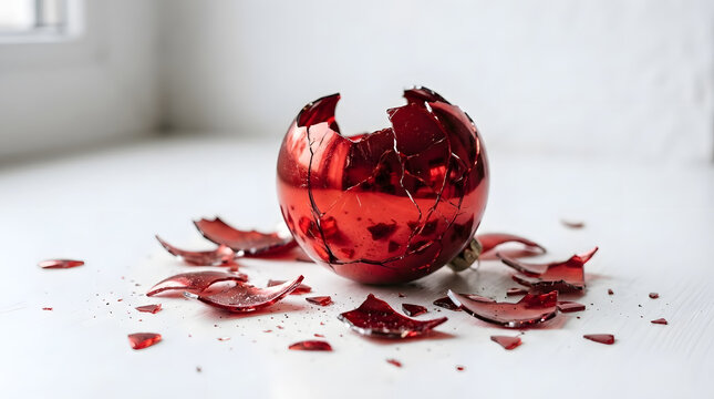 A shattered red christmas ornament rests on a white surface surrounded by broken glass shards, capturing a dramatic moment of holiday misfortune with striking depth of field