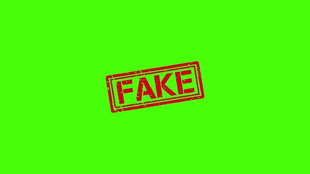 Red fake rubber stamp impression animation on green screen background, for fact checking, and misinformation concepts