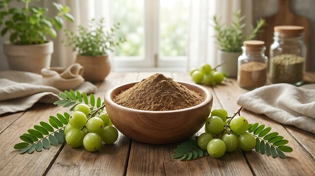 A wooden bowl filled with amla powder surrounded by fresh green gooseberry fruits on a rustic table. amlaki powder