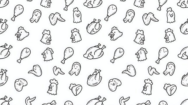 Seamless Pattern of Cute Hand Drawn Chicken Icons and Poultry Meat Doodles on White Background