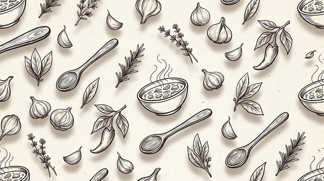 Vintage Hand Drawn Sketch of Hot Soup Bowl with Garlic, Chili, Herbs and Wooden Spoons on Background