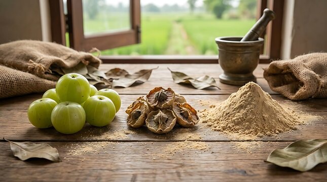 Fresh green amla fruits and herbal powder on a rustic wooden table with a mortar and pestle indoors. amlaki powder