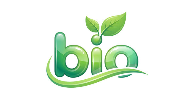 3D glossy green bio word logo with leaf and seed design elements emphasizing sustainability, eco-friendly focus, natural growth, and environmental themes in a modern, vibrant style featuring nature