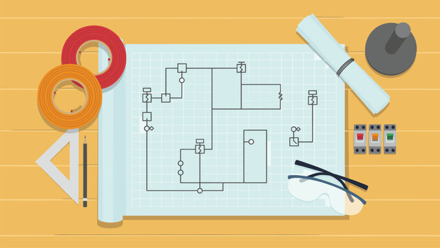 Detailed electrical engineering blueprint rests on a wooden desk surrounded by drafting tools and wire rolls.