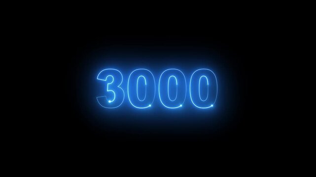 Animated glowing blue neon light 3000 number isolated on dark background