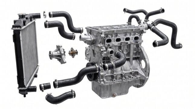 Engine Cooling System - 3D render of a car engine with radiator and cooling hoses