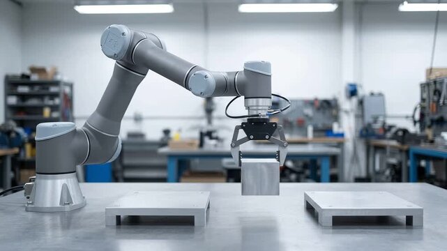 産業用ロボットアームが金属部品を右の台へ移す、製造業、工場の自動化、部品搬送、ロボット技術の紹介映像