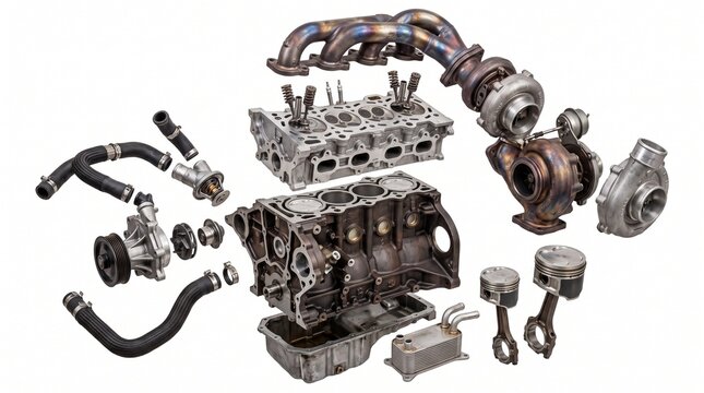 Turbo Engine Exploded - 3D render of an exploded car engine equipped with a
turbocharger