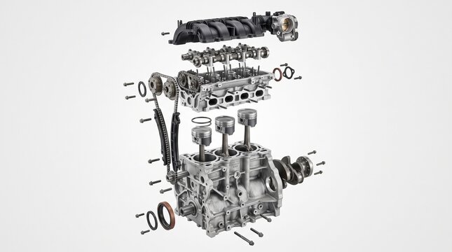 Inline 4 Engine Assembly - Isolated 3D render of a partially assembled inline 4-cylinder
car engine