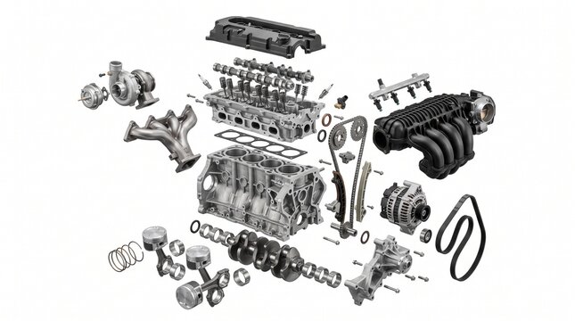 Engine with Intake and Exhaust - 3D render of an exploded car engine showing intake
and exhaust manifolds
