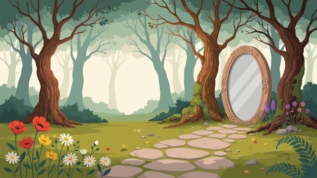 Enchanted forest landscape features a mysterious oval mirror standing beside a stone path among ancient trees.