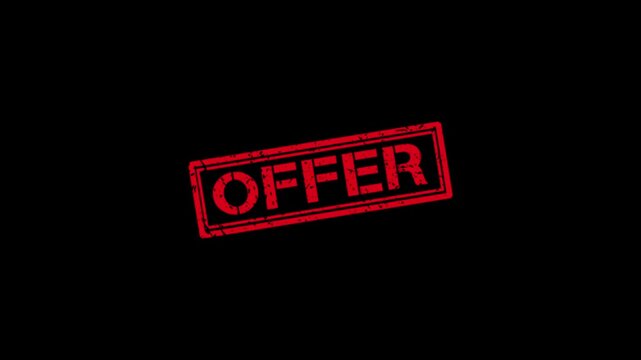 Red rubber stamp effect with offer text animation on black background, for business marketing, and sales promotions