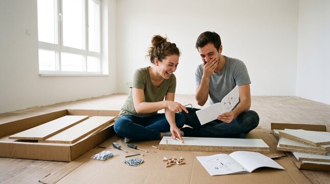Young Adults Laughing While Assembling Flat Pack Furniture