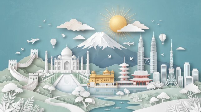 Paper craft illustration of famous Asian landmarks and travel