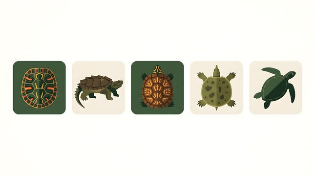 Flat turtle icons set, vector sea turtle and tortoise illustrations, reptilian animal species collection for educational design