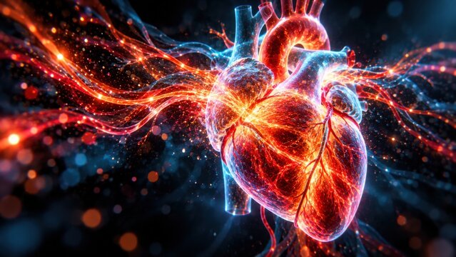 Glowing biological human heart model with electric nerve impulses for medical science visualization.