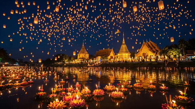 Yi Peng Lantern Festival Over Thai Temple River Night View