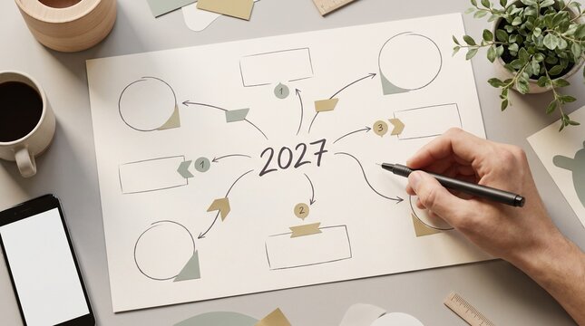 Hand Drawing 2027 Strategic Roadmap on Desk