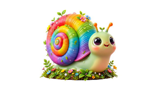 Cute Rainbow Snail Character with Flowers and Moss, 3D Illustration