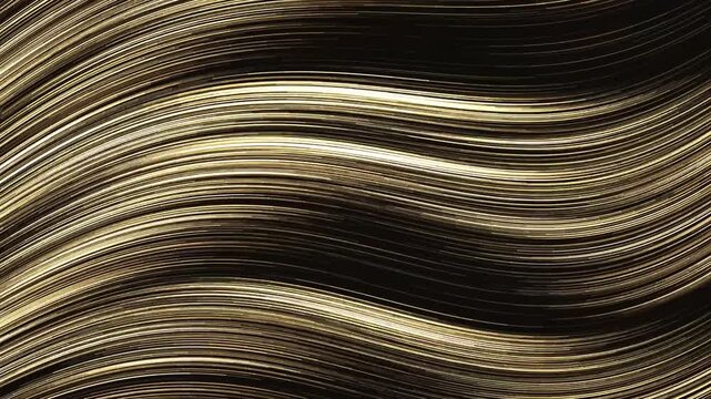 Golden silk threads flowing in gentle waves on a black background, seamless luxury abstract loop