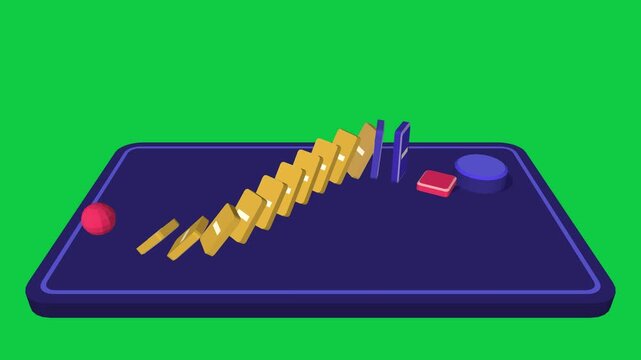 Growth and ROI 3D animation on green screen, dominoes fall in a chain reaction and trigger a rising golden arrow, business growth looping motion graphic 4K