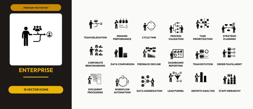 Enterprise business vector icon set showing team delegation demand performance and corporate benchmarking