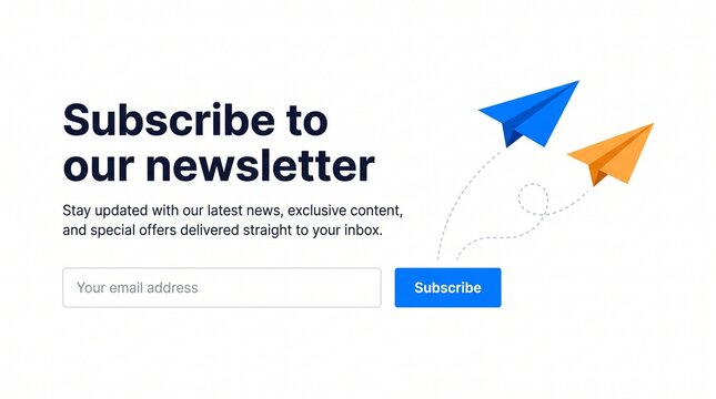 Newsletter subscription landing page banner with paper airplanes