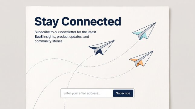 Newsletter subscription banner with paper airplanes and sign up form