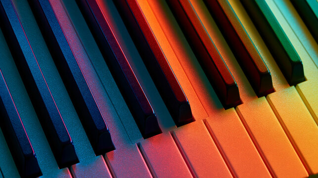 Vibrant neon lights illuminate piano keys in a moody musical composition. Perfect background for creative arts and music concepts.