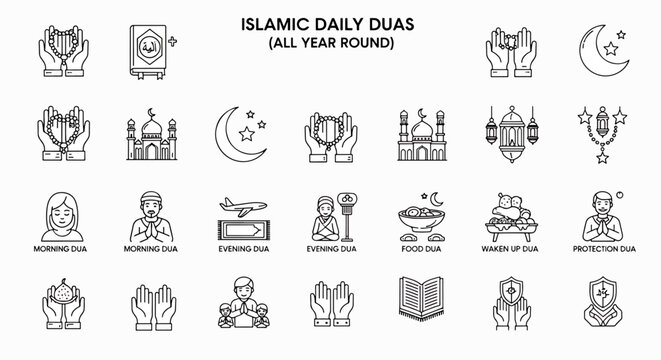 Islamic daily duas vector icons set, all year round, prayer, religion, muslim, islamic, dua, morning, evening, food, protection